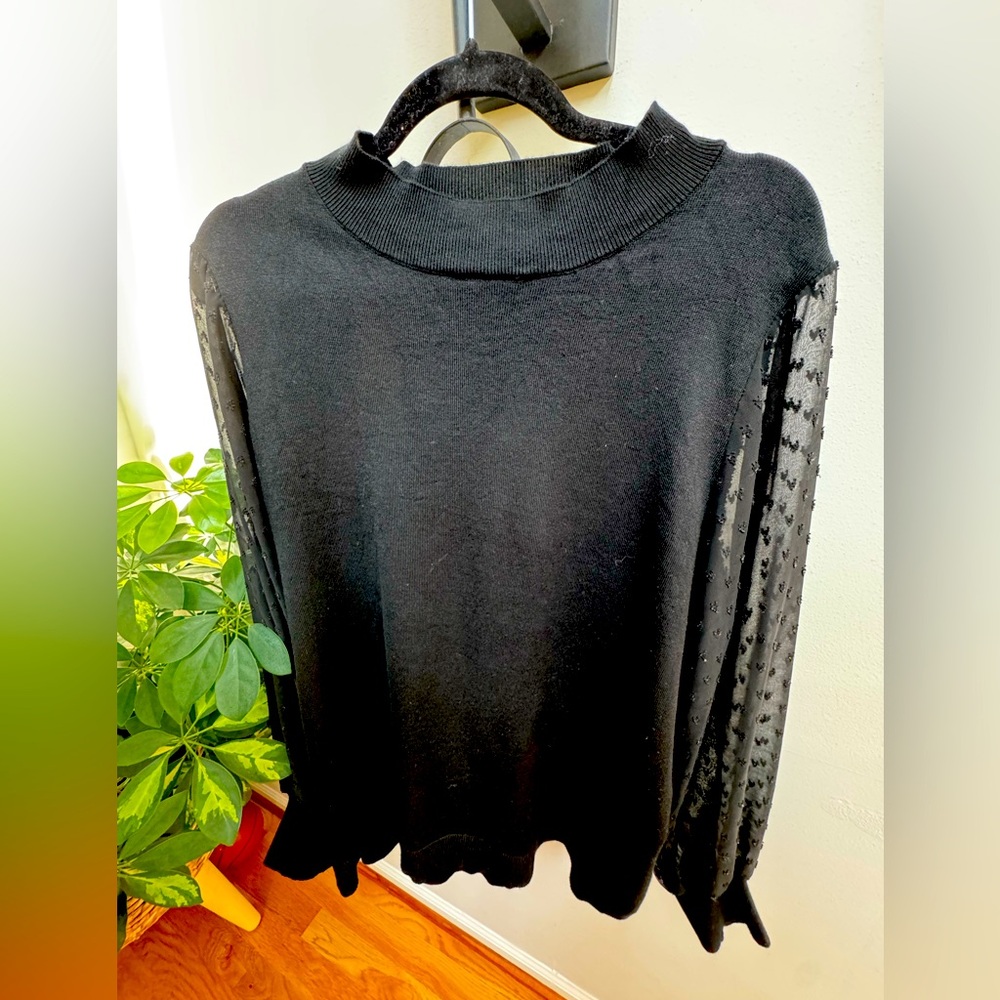 Elegant Black Plus Size Lightweight Sheer Sleeve Sweater